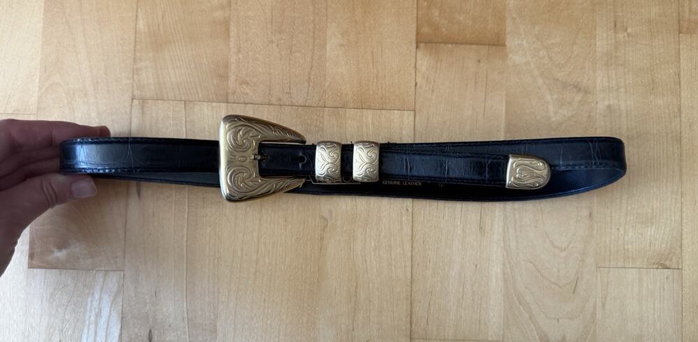 Vintage Avignon Belt Black Leather Western Embroidered Brass Buckle M